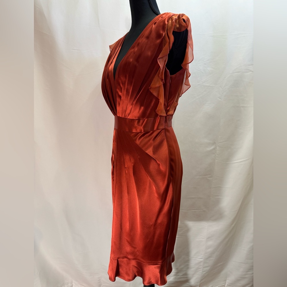 A.B.S. Allen Schwartz Copper Satin Pleated Cocktail Dress Size 6 Wedding Formal - Picture 4 of 13